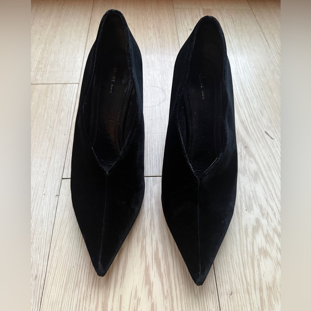 Celine "Old Celine" Phoebe Philo Era Black Velvet V-Neck Pump Heels Sz 39.5
